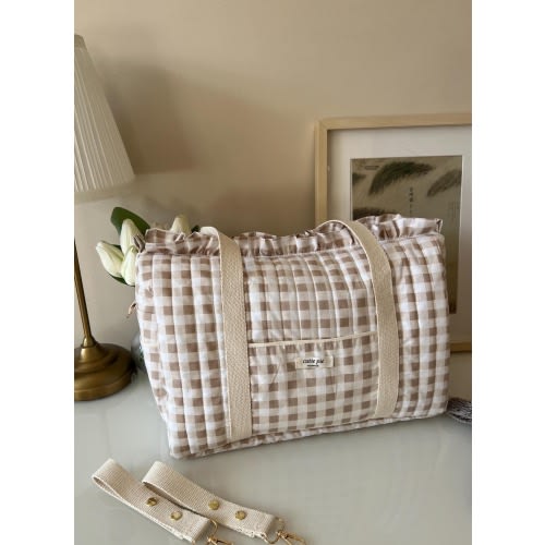 Brown Gingham Ruffle Stroller Caddy Bag / Travel Weekend Duffle Bag / Baby Shower Gift / Mother Baby Bag with Pockets