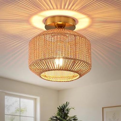 Boho Ceiling Light Fixture, Coastal Handmade Woven Light Fixtures Ceiling Mount, 9.44" Brown Rattan Semi Flush Mount Ceiling Light for Nursery Kitchen Bedroom Living Room Hallway Laundry, E26 Base