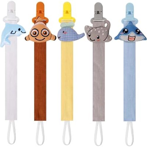 5 Pack Pacifier Clips for Baby Boys, Multicolor Fabric Straps,5pcs Straps, Approx. 11 in / 29 cm, Resin Clips with Inner Grip Design, Fits Most Pacifiers with Handles(9)