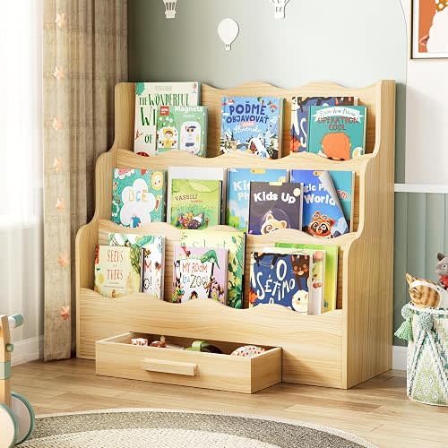FIKSG 3-Tier Montessori Scalloped Kids Bookshelf with Drawer