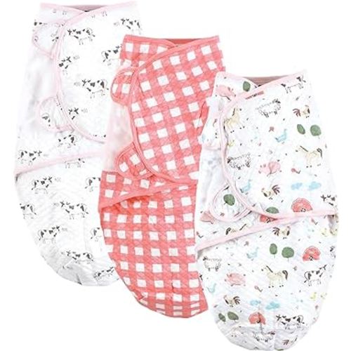 Hudson Baby Unisex Baby Quilted Cotton Swaddle Wrap 3pk, Girl Farm Animals, 0-3 Months