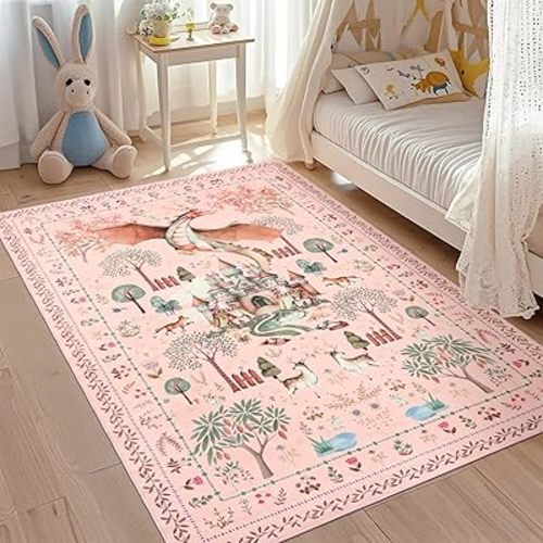 nesrt Washable Living Room Area Rugs 5x7ft Pink, Dragon Animal Print Bedroom Rugs Non Slip, Soft Botanical Forest Nursey Playroom Floor Carpets for Dining Room Farmhouse Study Home Office Decor
