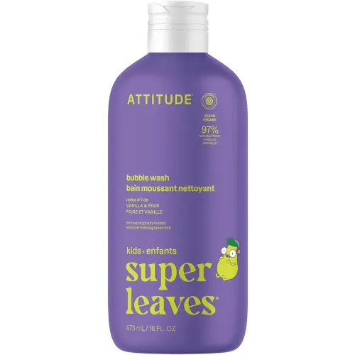 Attitude Bubble Wash for Kids, EWG Verified Bubble Bath, Hair Shampoo and Body Soap, Dermatologically Tested, Plant- and Mineral-Based, Vegan, Vanilla & Pear, 16 Fl Oz