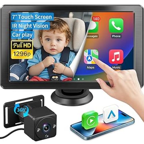 Baby Car Camera, 1296p HD, Car Baby Monitor with 7" Touchscreen, CarPlay, No-Glow Night Vision, 150° Wide Angle, Live Rear Seat View, Easy Installation, Fits Most Cars