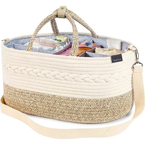 Baby Diaper Caddy Organizer, X-Large, 5 Grids, 8 Pockets, Shoulder Strap Portable Nursery Storage Basket with 2 Changeable Compartments, 100% Cotton Woven Rope Bins, Newborn Gift