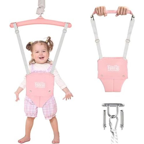 FUNLIO 2 in 1 Baby Jumper with a Ceiling Hook, Baby Walking Harness for 6-24 Months, Infant Jumper for Indoor/Outdoor Play, Infant Jumper Doorway with Adjustable Chain, Easy to Assemble & Store - Pink