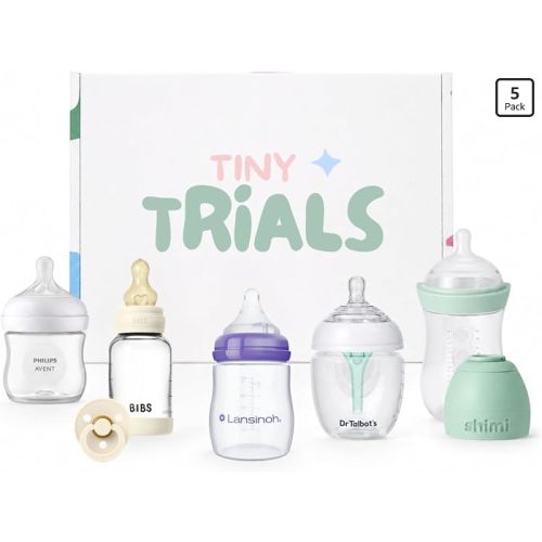 Amazon.com : Baby Bottle Trial Pack Variety Box for Newborns – 5 Bottles & 1 Pacifier Featuring Bibs, Lansinoh, Philips Avent, Dr. Talbot's & Shimi – Anti-Colic, Breastfeeding-Friendly Registry Gift, Tiny Trials : Baby