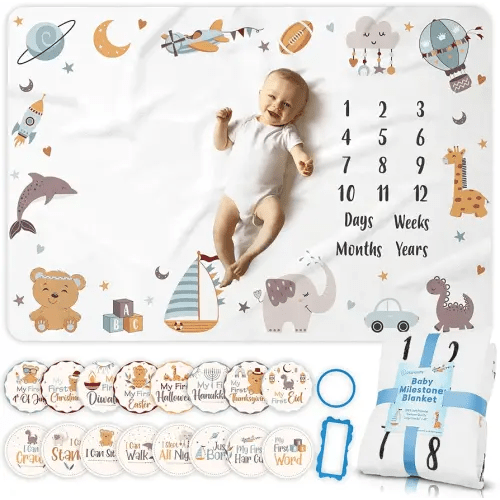 Monthly Milestone Blanket for Baby Boy, Premium Soft Fleece Blanket, First 12 Months Growth Chart, Large Size 60" x 40", 16 Milestone Stickers, for Boys