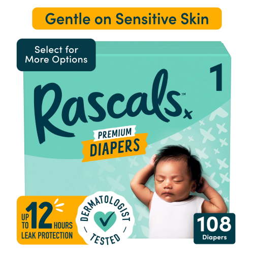 Free Shipping! Rascals Premium Absorbent Baby Diapers, Size 1, 108 Count, Hypoallergenic, Leak Protection