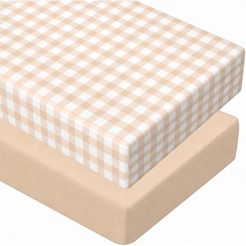 Peryiter 2 Pack Gingham Crib Sheets for Girls Boys Khaki Checkered Bed Sheet Set Fitted 52'' x 28" for Standard Crib Mattress Stretchable Soft Toddler Aesthetic Nursery Decor