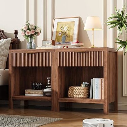 Night Stand Set 2, Narrow Nightstand with Drawer, Fluted Nightstands Set of 2 with Storage Cabinet, End Table, Bedside Table Bedroom Living Room for Small Space,Office, Walnut Oak