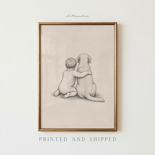 Baby and Labrador Retriever Vintage Nursery Print | Gender Neutral Dog Nursery Art, Baby Shower Gift, Nursery Decor