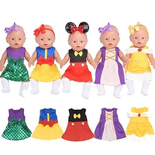 Baby Doll Accessories, 5 Doll Clothes, Mermaid Princess Dresses Outfits for 15 Inch to 18 Inch Dolls, 15 Inch Baby Dolls, 10PCs in Total Doll Clothes and Accessories