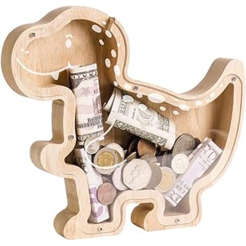 Wooden Dinosaur Piggy Bank for Kids, Dino Money Coin Bank, Unbreakable T-Rex Piggy Bank, Creative Kids Saving Coin Jar, Toddler Christmas Birthday Baptism Gifts for Boys Girls, Dino Lovers