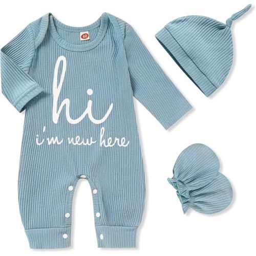 GRNSHTS Newborn Baby Boy Romper Coming Home Outfits Letter Print Bodysuit Jumpsuit+Hat+Gloves 3PCS Clothes Set
