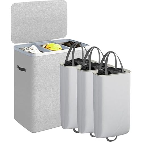 CASAMAYA Laundry Basket with Lid, Laundry Hamper 3 Section, 190L collapsible Laundry Organizer, Easy Assembly, with Handles and Removable Liners, 25.2 x 15.7 x 29.5 Inches, Gray JSP904G