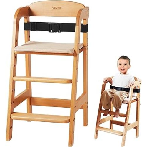 VEVOR Wooden High Chair for Babies & Toddlers, Convertible Adjustable Feeding Chair, Eat & Grow High Chair with Seat Cushion, Portable Baby Dining Booster Seat, Beech Wood Toddler Chair, Natural