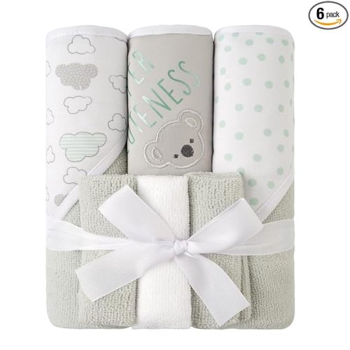Viviland Baby Towels and Baby Wash Cloths Set Hooded Baby Towels Baby Wipes Absorbent Bath Face Towels Burp Cloths or Face Towels for Girl Boy 6-Pack Size 28 x 28 Inch(Grey Koala)