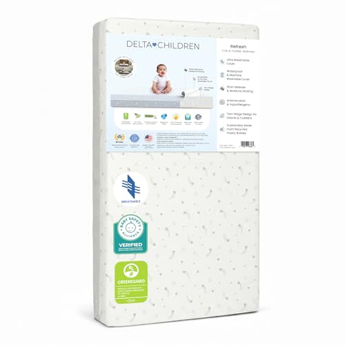 Delta Children Refresh 2-Stage Crib and Toddler Mattress - Breathable Cover and Core - Machine Washable - GREENGUARD Gold – Waterproof - Sustainably Sourced Core, Grey