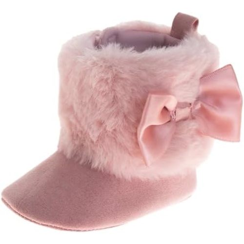 Josmo Infant Girls Booties Faux Fur Baby Shoes with Bow and Pom Poms, Soft and Warm Crib Boots for Newborns (Size 2-4 Infant)