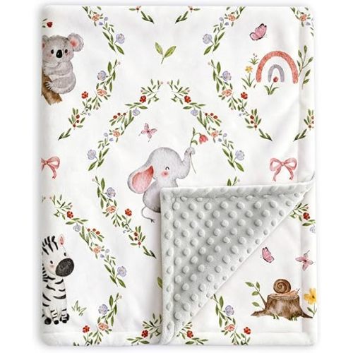 HOMRITAR Floral Animals Baby Blanket for Boys Girls with Dotted Backing