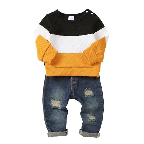 NZRVAWS Toddler Baby Boy Clothes Pullover Sweater Ripped Jean Sweatsuit Little Boy Outfit Fall Winter Clothing Set 6M-7T