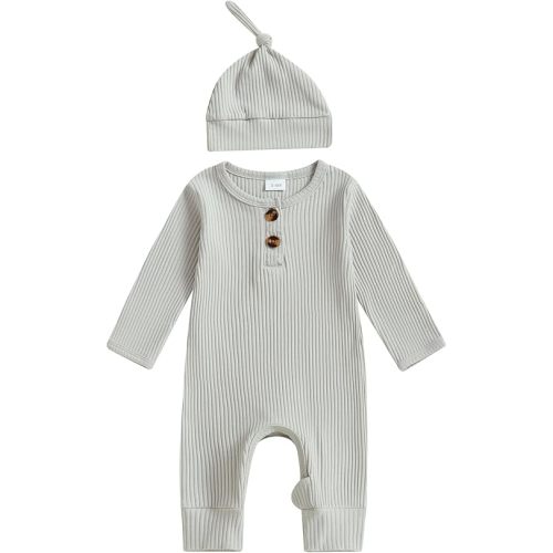 Newborn Baby Boy Girl Clothes Infant Ribbed Romper Solid Long Sleeve Knit Bodysuit Jumpsuit Hat Coming Home Outfit