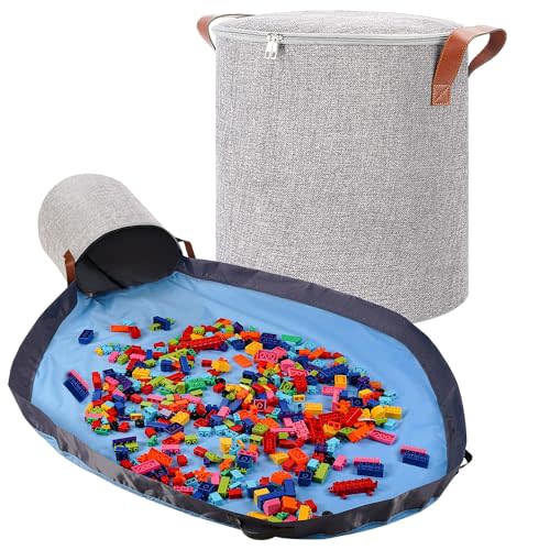 SAM AND MABEL XXL Toy Storage Organizer with Play Mat – 15" x 15" x 16" Storage Bin for Kids Playroom, Foldable Fabric Bag and Basket for Nursery (Gray)