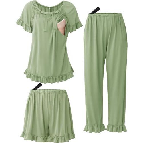 SUNNYBUY 3 PCS Ruffle Nursing Pajamas Set with Bow, Maternity Sleepwear | Cute Design, Hidden Nursing Access, Adjustable Pants & Shorts, Breastfeeding PJS, Pregnancy to Postpartum