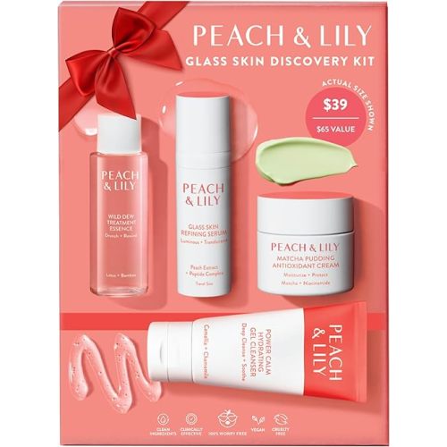 Peach & Lily - Glass Skin Discovery Kit (4 Products) - 1 Cleanser, 1 Essence, 1 Serum & 1 Cream - Skin Care Set - Acne Routine - Travel Essentials - Self Care - Vegan & Cruelty Free - Korean Beauty
