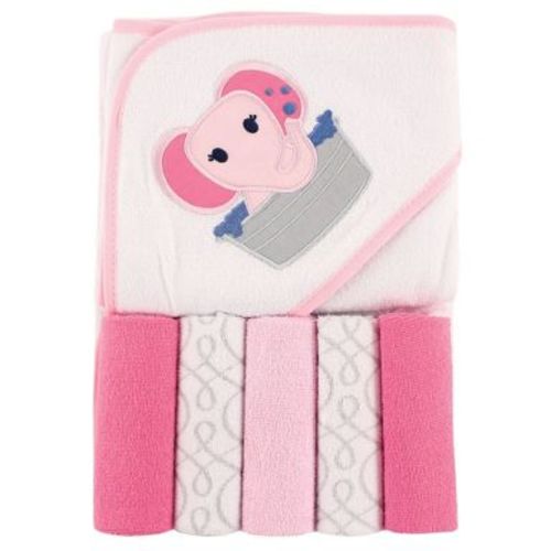 Luvable Friends Baby Girl Hooded Towel with Five Washcloths, Pink Elephant, One Size