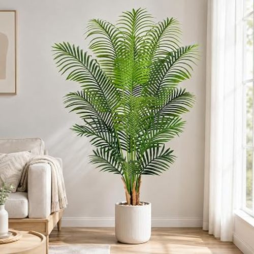 5ft Artificial Palm Tree Indoor Plant Tall Fake Tropical Paradise Palm Tree in Pot with Real Bark Design Faux Areca Palm Tree for Home Office Living Room Bedroom Farmhouse Modern Decor 1pcs