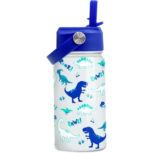 SANDJEST Dinosaur 12 oz Insulated Stainless Steel Water Bottle with Straw Lid - Thermos for Kids & Teens - School, Sports, Travel Cup