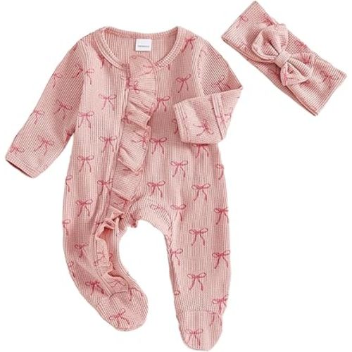Socutebabe Newborn Baby Girl Fall Winter Clothes Coming Home Outfit Ruffle Romper Cute Ribbed Knit Jumpsuit Headband