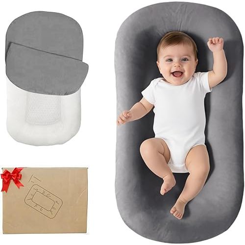 Lucakuins Baby Lounger, Bionic Design Baby Lounger for Newborn 0-24 Months, Soft Organic Cotton Breathable Lounger for Infants (Dark Grey)