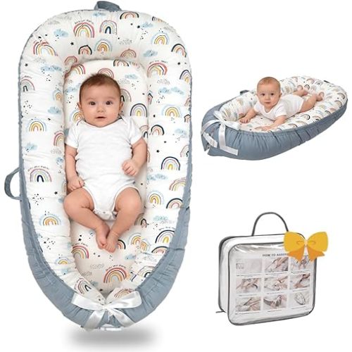 Baby Lounger-Breathable and Soft Organic 100% Cotton, Portable Infant Lounger with Removable Lounger Cover, Baby Lounger for Newborn - Rainbow