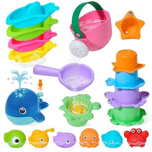 Baby Bath Toys for Kids Ages 1-3, 17PCS Mold-Free No Hole Bath Toys, Pool Water Table Toys, Toddler Bath Toy Set with Whale Sprayer, Boats & Stacking Cups, Easy Clean Bathtub Toys with Storage Bag