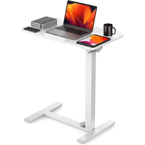 DUMOS Overbed Table with Wheels, Height-Adjustable Bedside Table, White