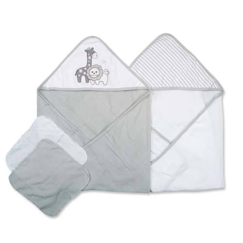 Spasilk Soft Hooded Terry Bath Towels & Washcloths Set for Infants and Newborns, Gray Lion
