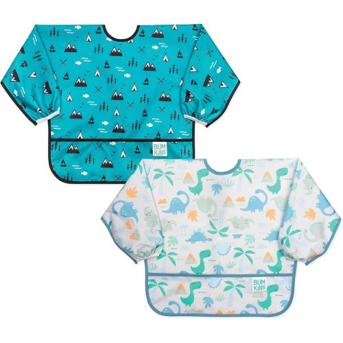 Bumkins - Sleeved Bib - For Boys & Girls, Babies & Toddlers 6-24 Months - Lightweight, Durable, Waterproof -Long Sleeve Bib -Catch-All Pocket -Wipeable & Machine Washable -Dinosaurs & Outdoors -2 Pack