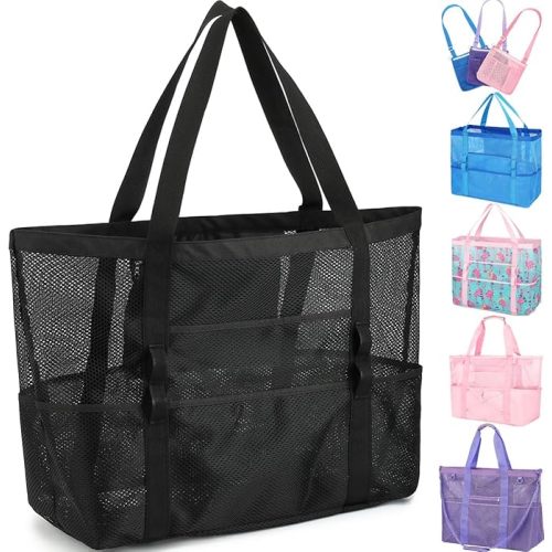 Fammart Mesh Beach Bag for Women, Large Beach Toy Pool Bag with Zipper Pocket, SandProof Cruise Essentials 2026 Family Travel