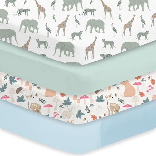 Little Grape Land Crib Sheets 4 Pack for Boys and Girls, Baby Neutral Crib Fitted Sheets for Standard Crib & Toddler Mattress, Super Soft Breathable Fitted Crib Sheet Set, Safari & Squirrel