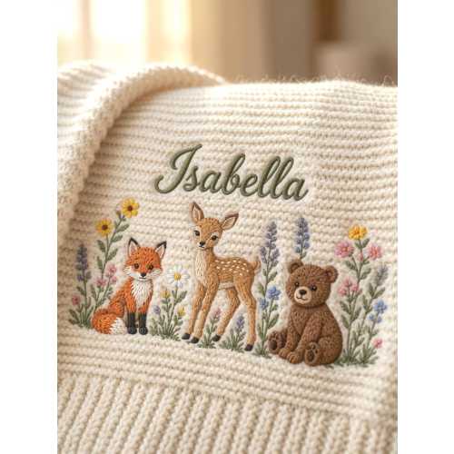 Personalized Woodland Animals Embroidered Knit Baby Blanket, Custom Fox Deer Bear Wildflower Baby Name Blanket,  Nursery Keepsake Gift