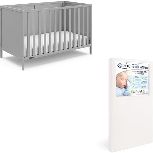 Graco Theo Crib and Mattress Nursery Essentials Pack, Pebble Gray