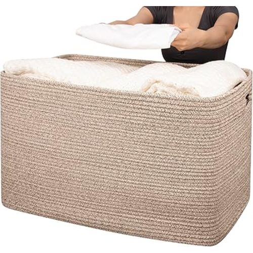 OIAHOMY 118L XXXLarge Cotton Rope Storage Basket, Oversized Blanket Basket, Used for Organizing Dirty Clothes in Living Room, Bedroom, Nursery, Dog Toy Storage Bins, 25" x 17" x 16",Brown variegated