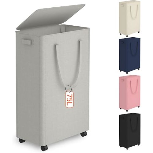 Slim Laundry Hamper with Wheels,20 Gal (75L) Rolling Laundry Basket with lid and wheels Clothes Hamper Foldable Tall Dirty Clothes Basket Sturdy Collapsible Clothes Hamper for Dorm,Laundry Room