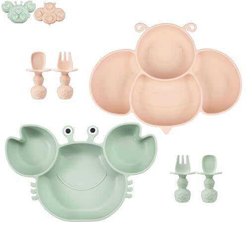 PandaEar 2 Pack Silicone Suction Plates for Toddlers Baby with 4 Spoons Self Feeding, Divided Unbreakable Toddler Plates with Suction, Baby Plates and Utensils Set, Baby Dishes, Green Crab & Pink Bee