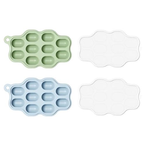 Baby Food Freezer Tray with Lid 2 Pack, Silicone Baby Food Storage Containers, Breastmilk Popsicle Mold, Small Ice Cube Tray for Homemade Baby Food（Blue/Green）