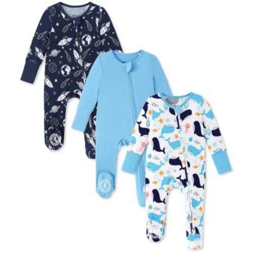 18-24 mo PATPAT 3 Pack Bamboo Viscose Baby Footed Pajamas with Anti-Grips, NB-2T