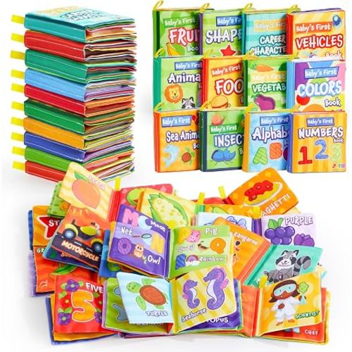 JOYIN 12 Pcs Bath Books, Nontoxic Fabric Soft Crinkly Cloth Books, Waterproof, Bathtub Pool and Early Education First Toys for Infant Newborn Baby Toddlers Kids Birthday Easter Gifts